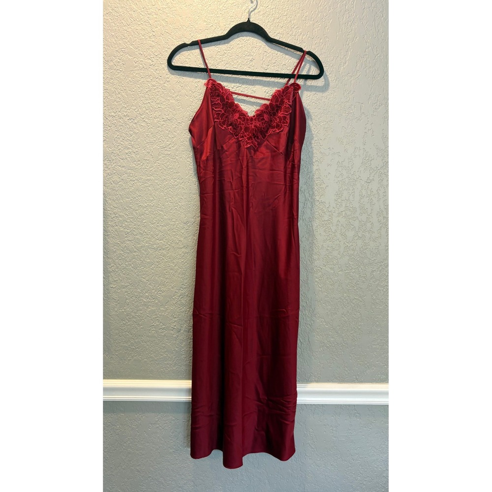Burgundy Red Lace Trim Slip‎ Dress Lingerie Romantic Strappy Backless Gown